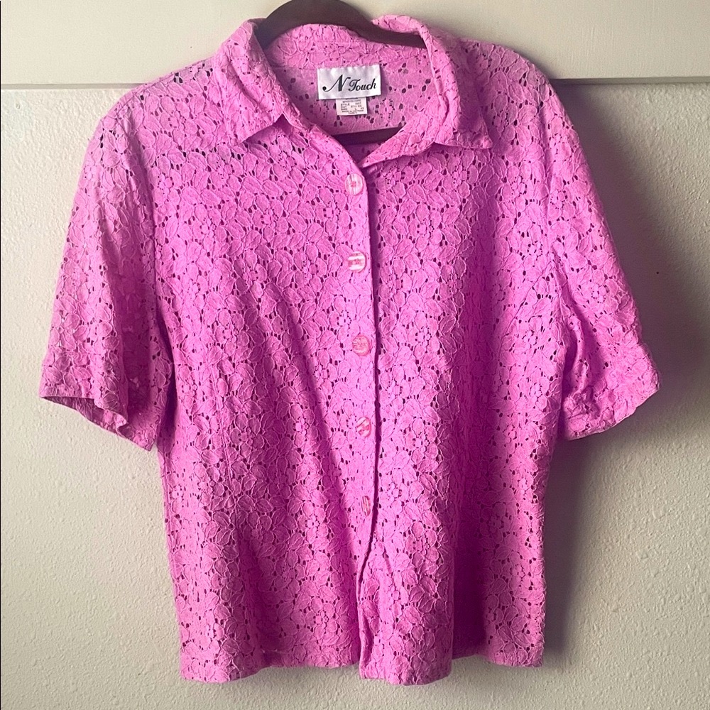 Vintage N Touch pink floral lace short sleeve collar button down top